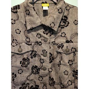 Black Velvet Floral On Lightweight Wool Blend Tweed Jacket Blazer Acorn Sz XL